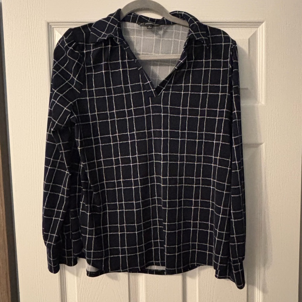 Adrianna Papell Women’s Navy and White Grid Blouse